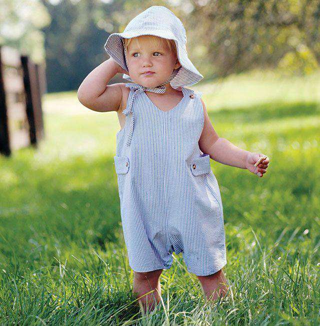 Sun Hat in Blue Seersucker Stripe by Bella Bliss - Country Club Prep