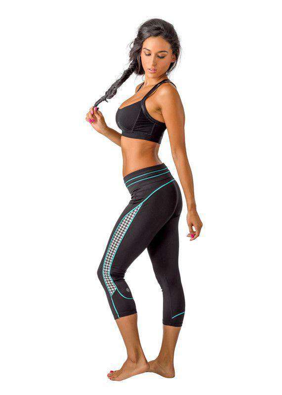 Hound Around Yoga Capris in Black with Aqua by Devon Maryn - Country Club Prep