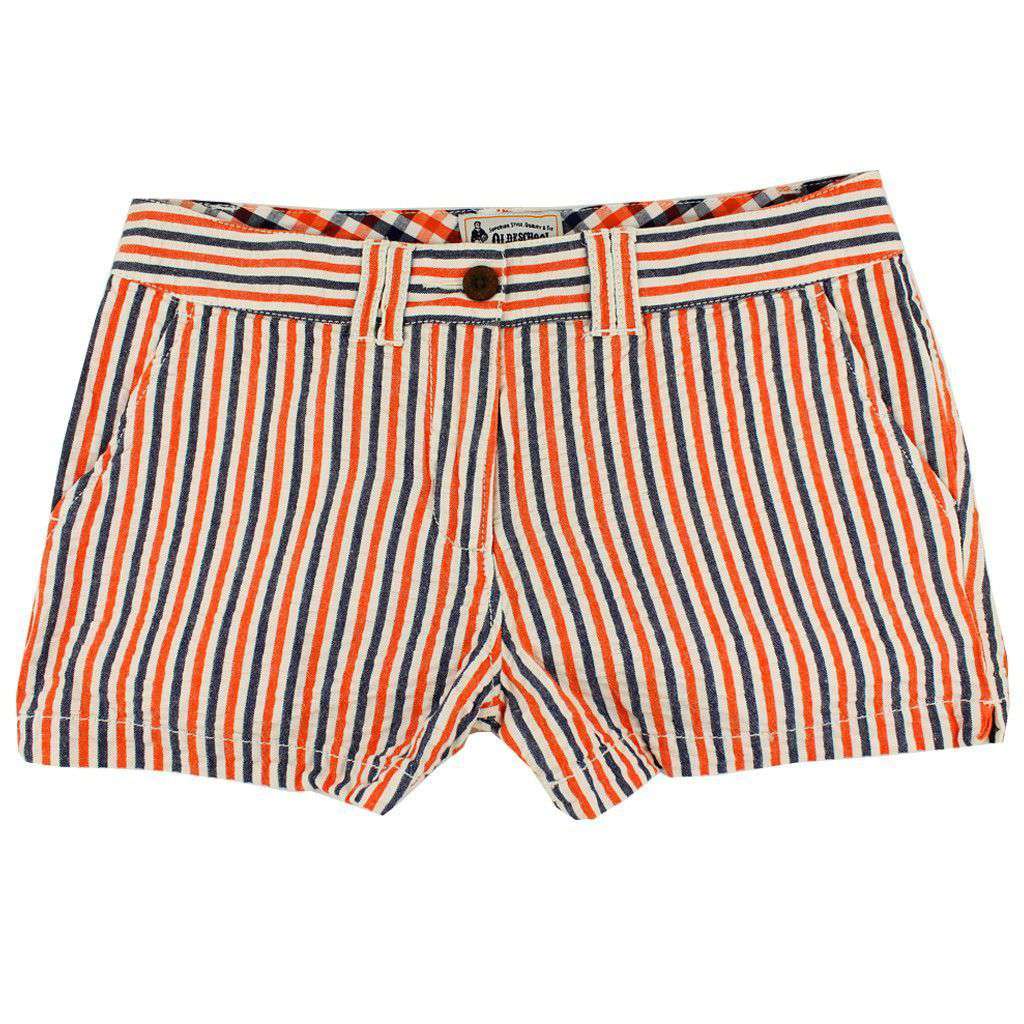 Women's Shorts in Orange and Navy Seersucker by Olde School Brand - Country Club Prep