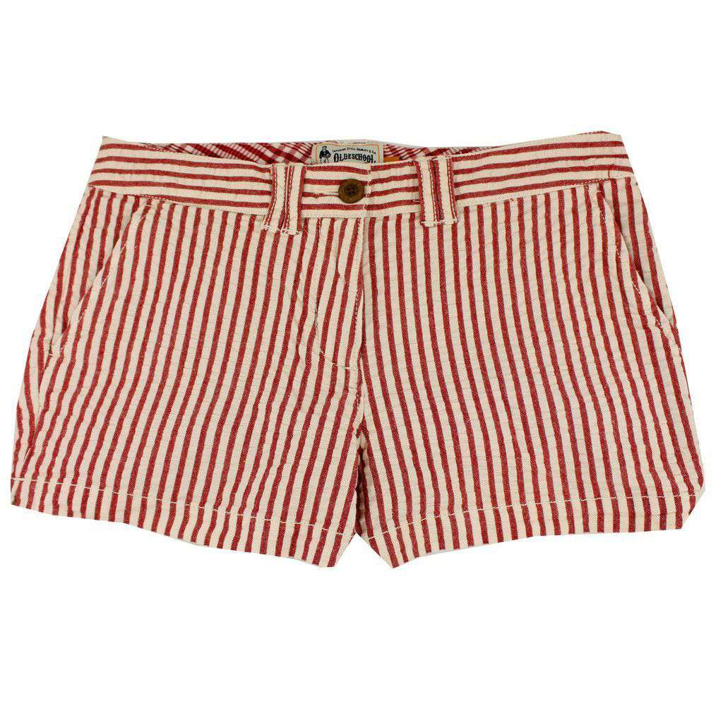Women's Shorts in White and Crimson Seersucker by Olde School Brand - Country Club Prep