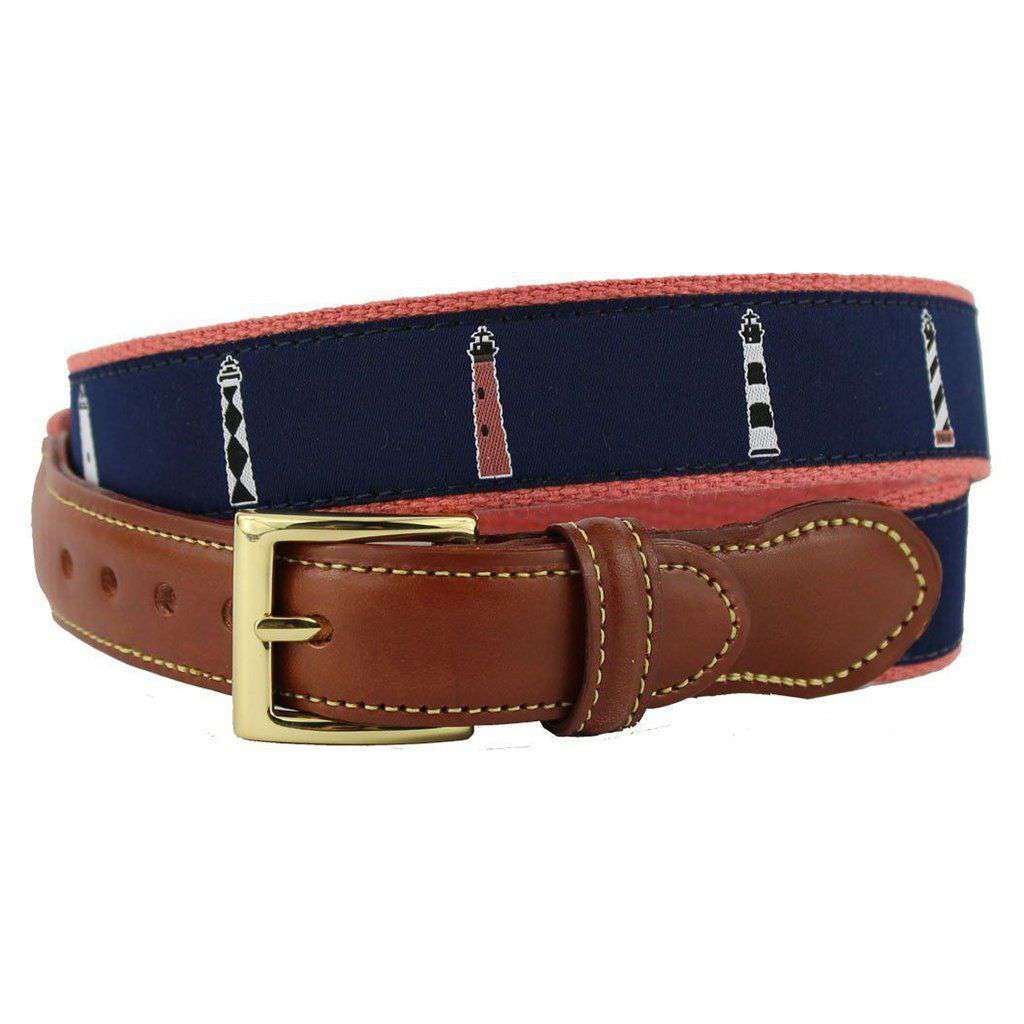 Any Port in a Storm Lighthouse Leather Tab Belt in Navy on Nantucket Red Canvas by Country Club Prep - Country Club Prep