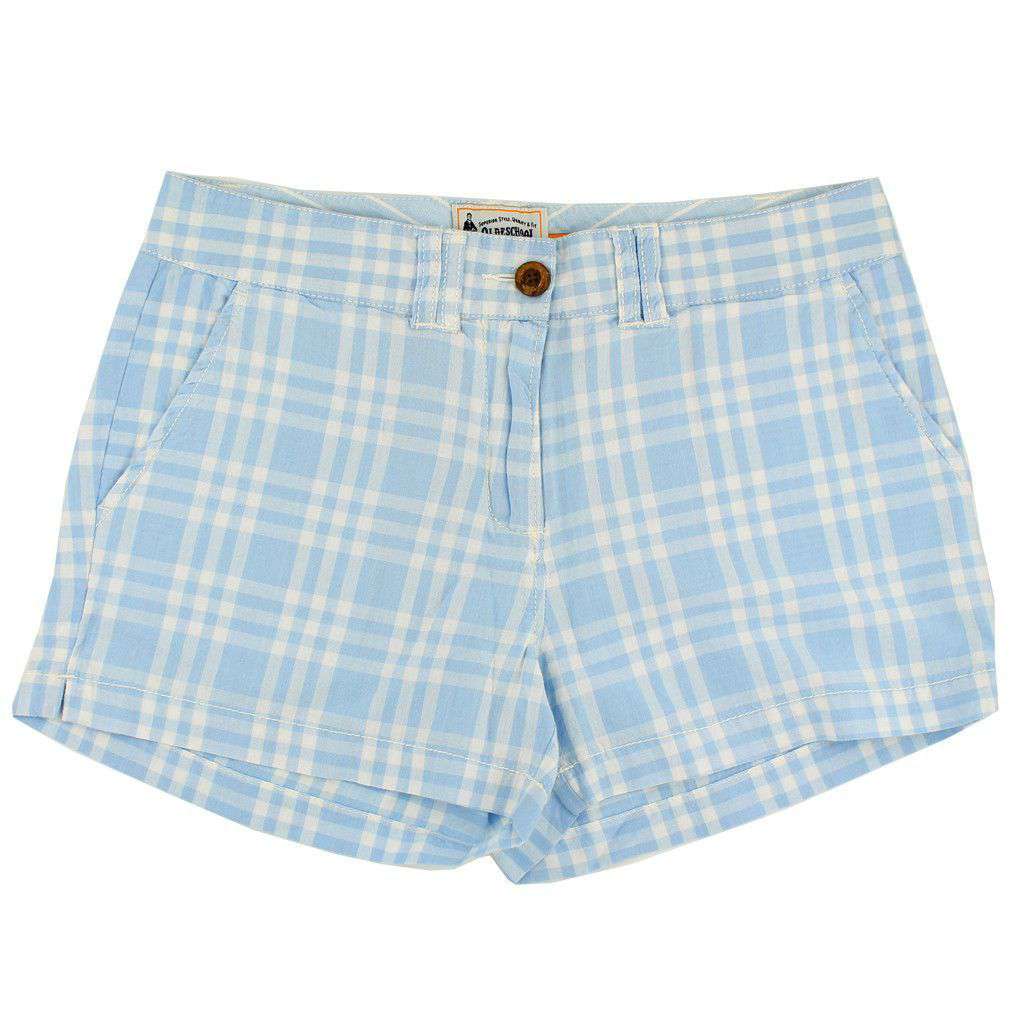 Women's Shorts in White and Carolina Blue Madras by Olde School Brand - Country Club Prep