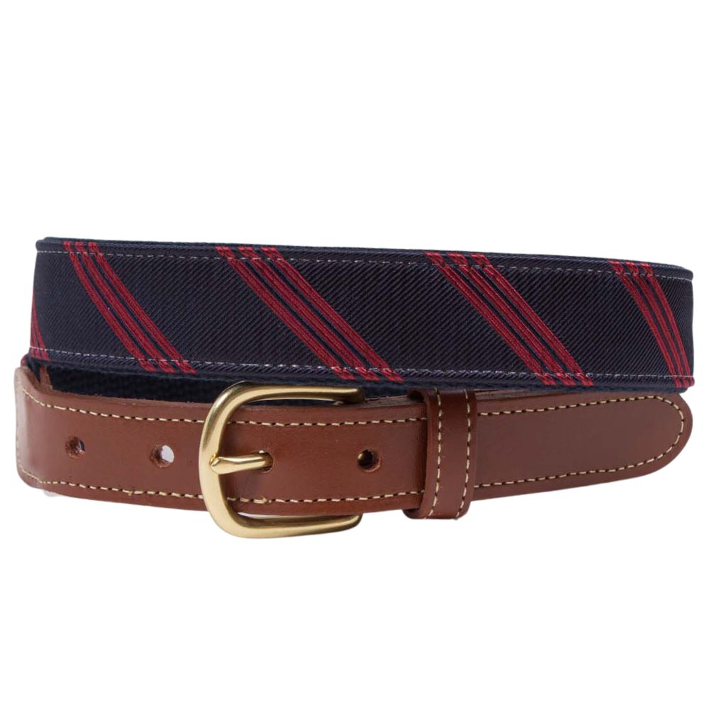 Silky Smooth Navy & Red Stripe Leather Tab Belt by Country Club Prep - Country Club Prep