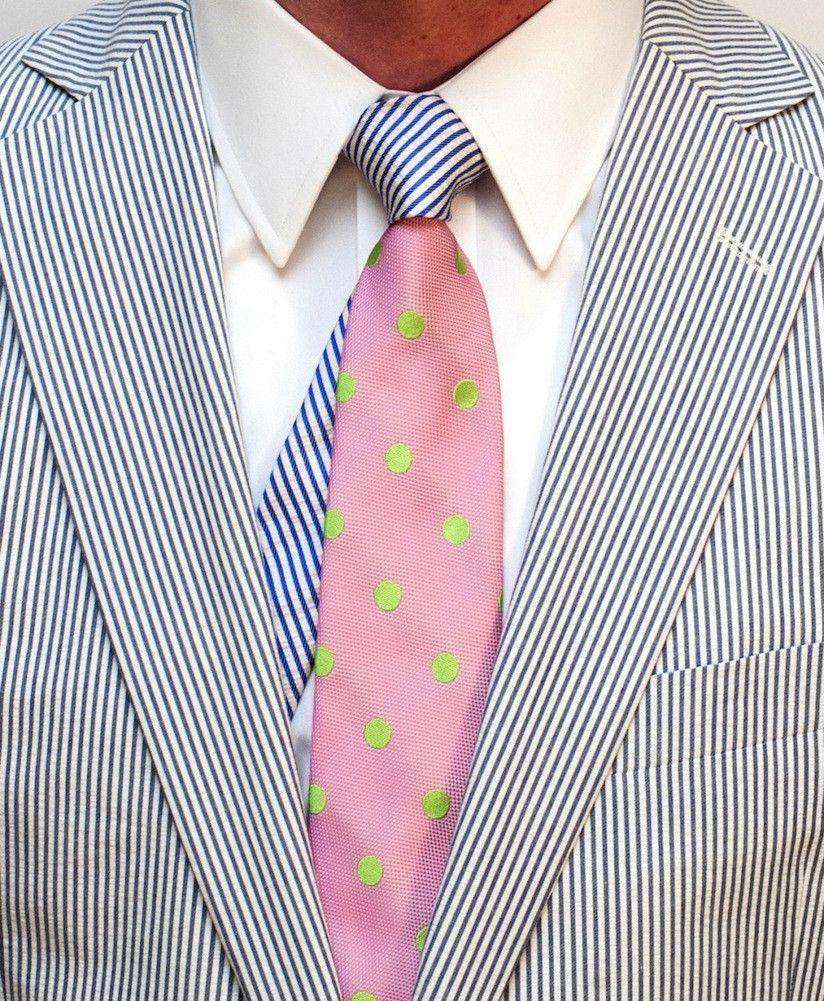 Colonel Pickney Necktie in Pink with Green Dots and a Blue and White Striped Knot by Social Primer - Country Club Prep