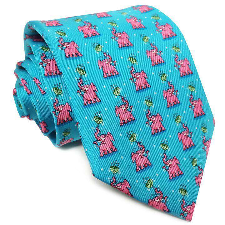 Pink Elephants Neck Tie in Aqua by Bird Dog Bay - Country Club Prep