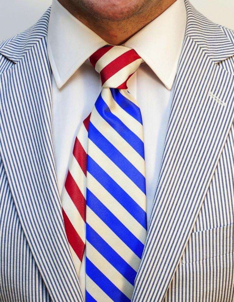 Seersucker Sidekick Necktie in Nautical Blue and White with Red and White Knot by Social Primer - Country Club Prep
