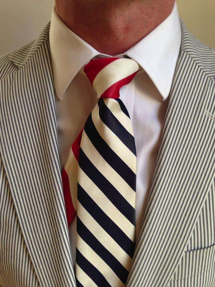 Seersucker Sidekick Necktie in Navy and White with Red and White Knot by Social Primer - Country Club Prep