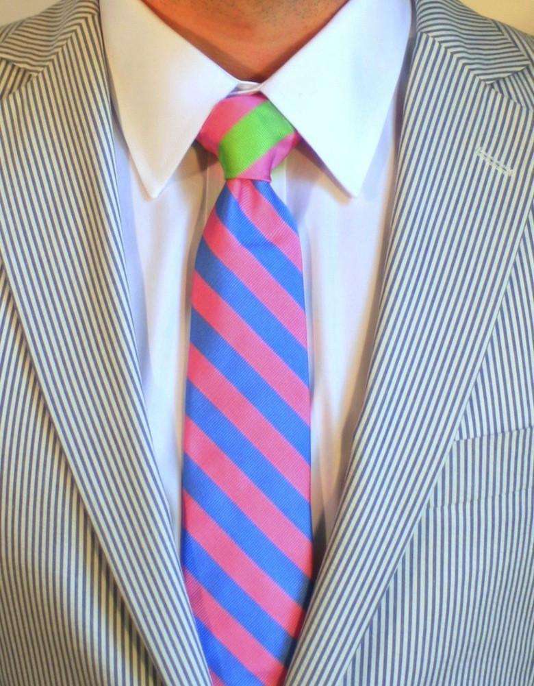 Seersucker Sidekick Necktie in Pink and Blue with Pink and Green Knot by Social Primer - Country Club Prep