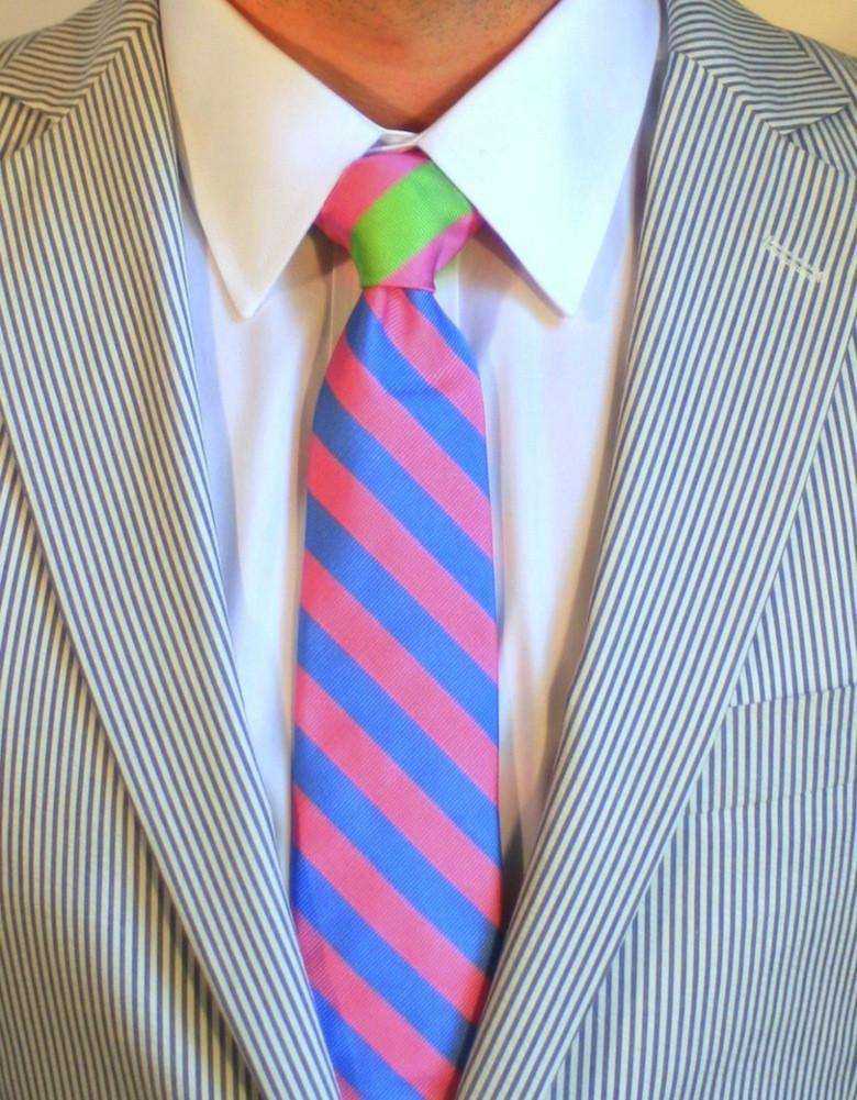 Seersucker Sidekick Necktie in Pink and Blue with Pink and Green Knot by Social Primer - Country Club Prep