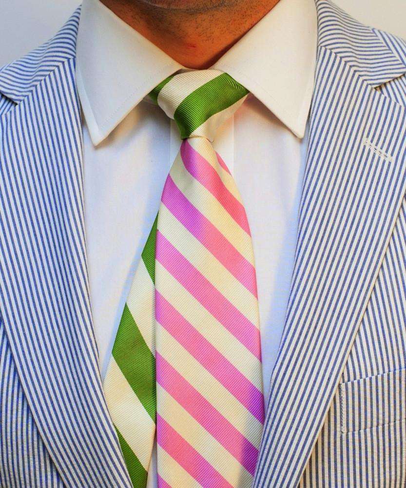 Seersucker Sidekick Necktie in Pink and White with Green and White Knot by Social Primer - Country Club Prep