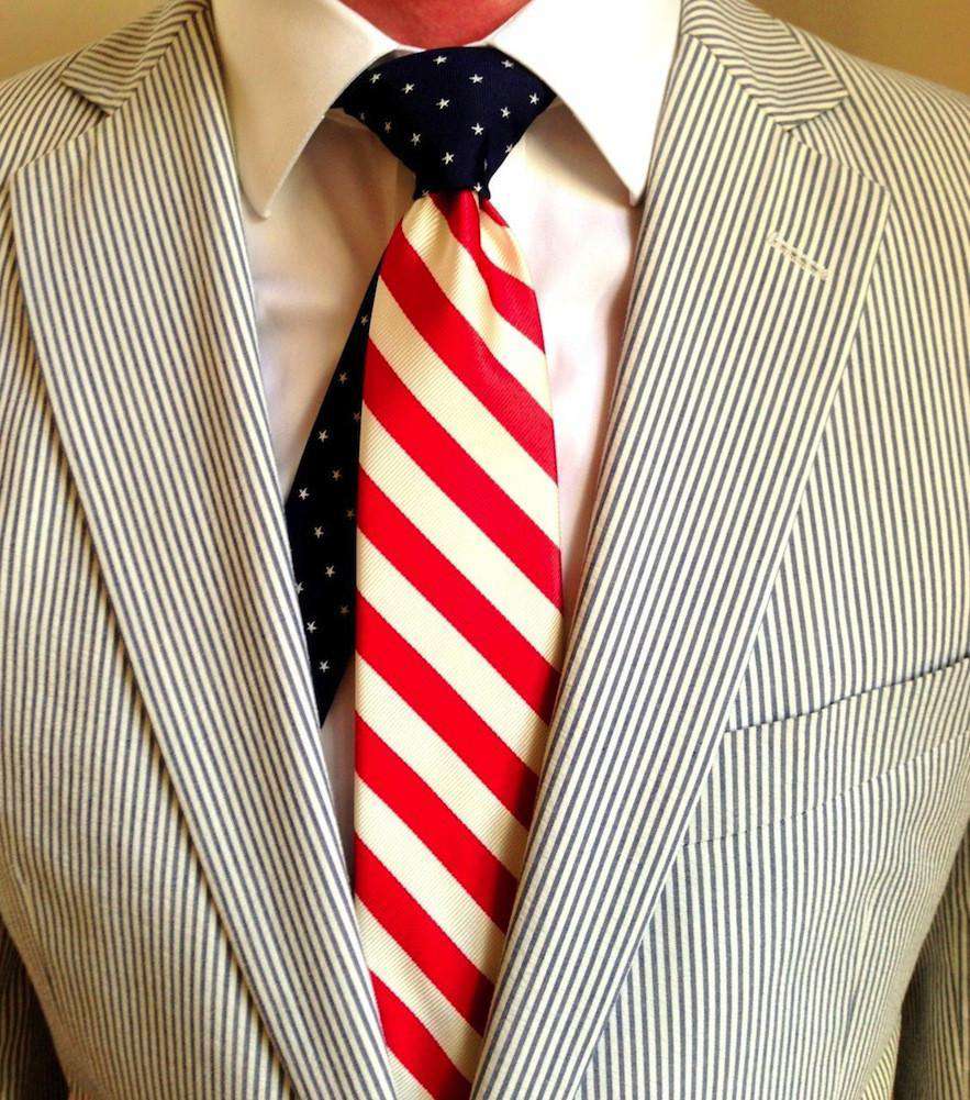 Seersucker Sidekick Necktie in Red and White with Blue Stars Knot by Social Primer - Country Club Prep