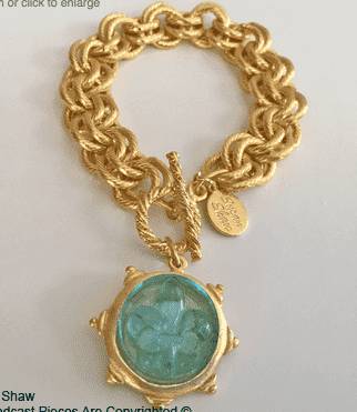 Fleur De Lis Gold Bracelet in Aqua by Susan Shaw - Country Club Prep