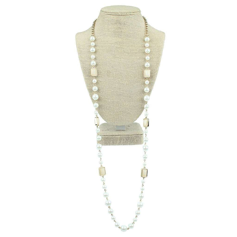 Glass Pearls & Square Beads Necklace in Natural by Country Club Prep - Country Club Prep