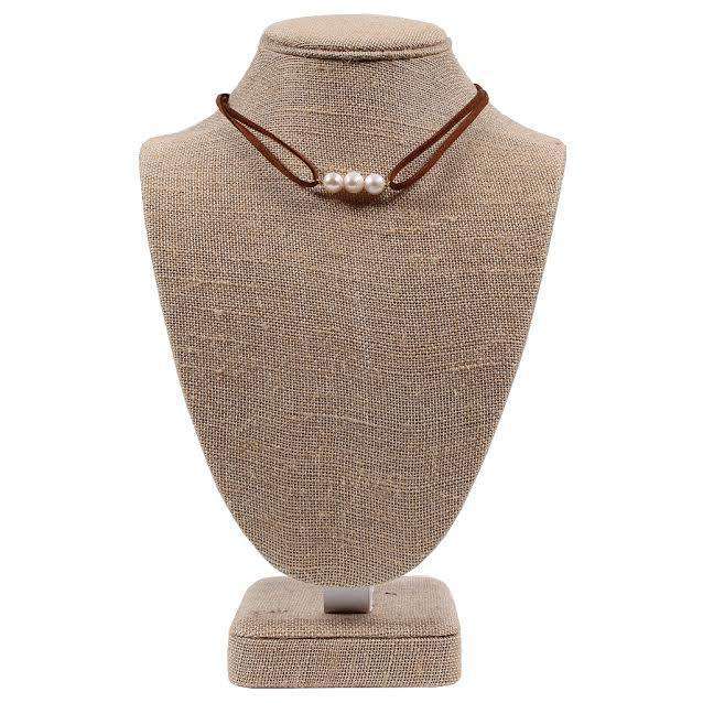 Pearl Leather Choker in Light Brown by Country Club Prep - Country Club Prep