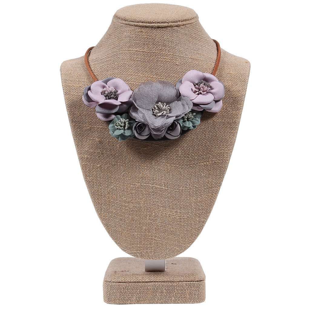 Spring Flower Fabric Necklace and Earring Set in Gray/Gold by Country Club Prep - Country Club Prep