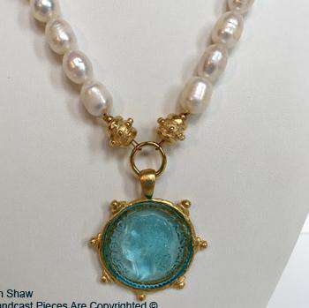 Venetian Glass Pearl Necklace in Aqua by Susan Shaw - Country Club Prep