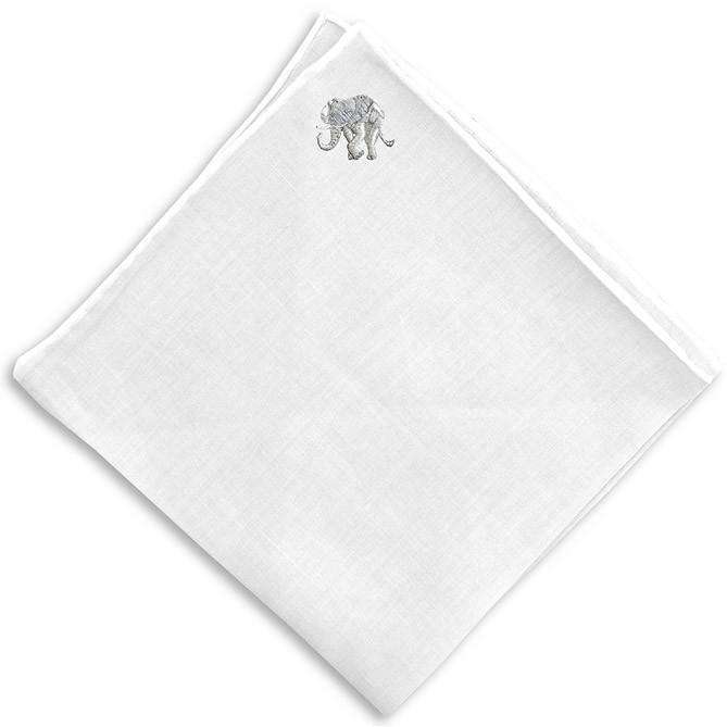 Lucky Elephant Pocket Square in White Linen by Bird Dog Bay - Country Club Prep