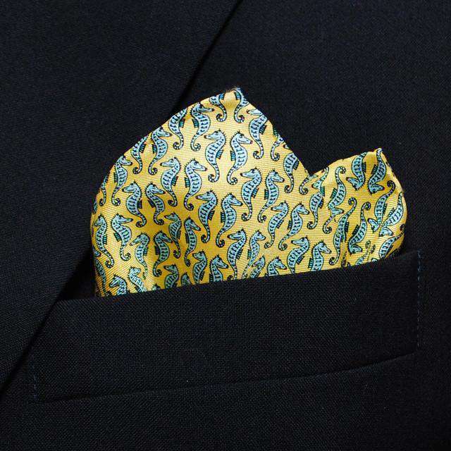 Sea Horse Pocket Square in Yellow by Peter-Blair - Country Club Prep