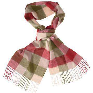 Large Tattersall Linen and Wool Scarf in Olive and Burgundy by Barbour - Country Club Prep