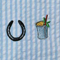 Cocktail Skirt in Blue Seeresucker with Embroidered Lucky Mint Julep by Castaway Clothing - Country Club Prep
