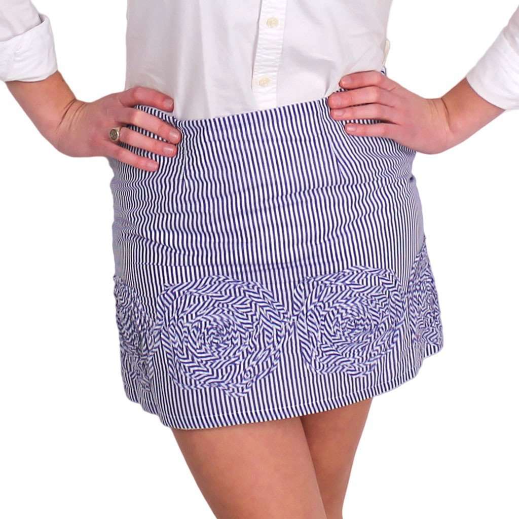 thin-stripe-skirt-in-indigo-and-white-with-rosette-design-by-judith-march - Country Club Prep