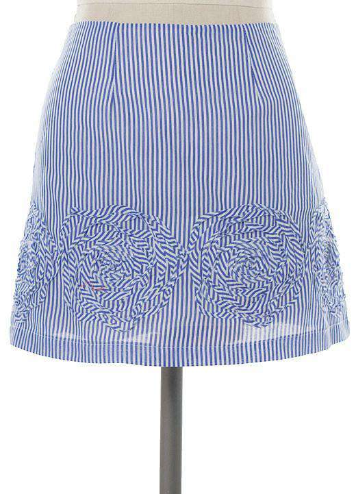 thin-stripe-skirt-in-indigo-and-white-with-rosette-design-by-judith-march - Country Club Prep