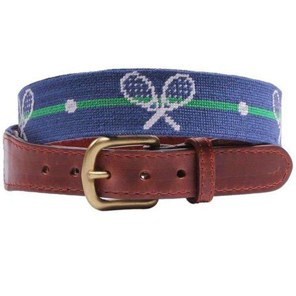Crossed Racquets Needlepoint Belt in Classic Navy by Smathers & Branson - Country Club Prep