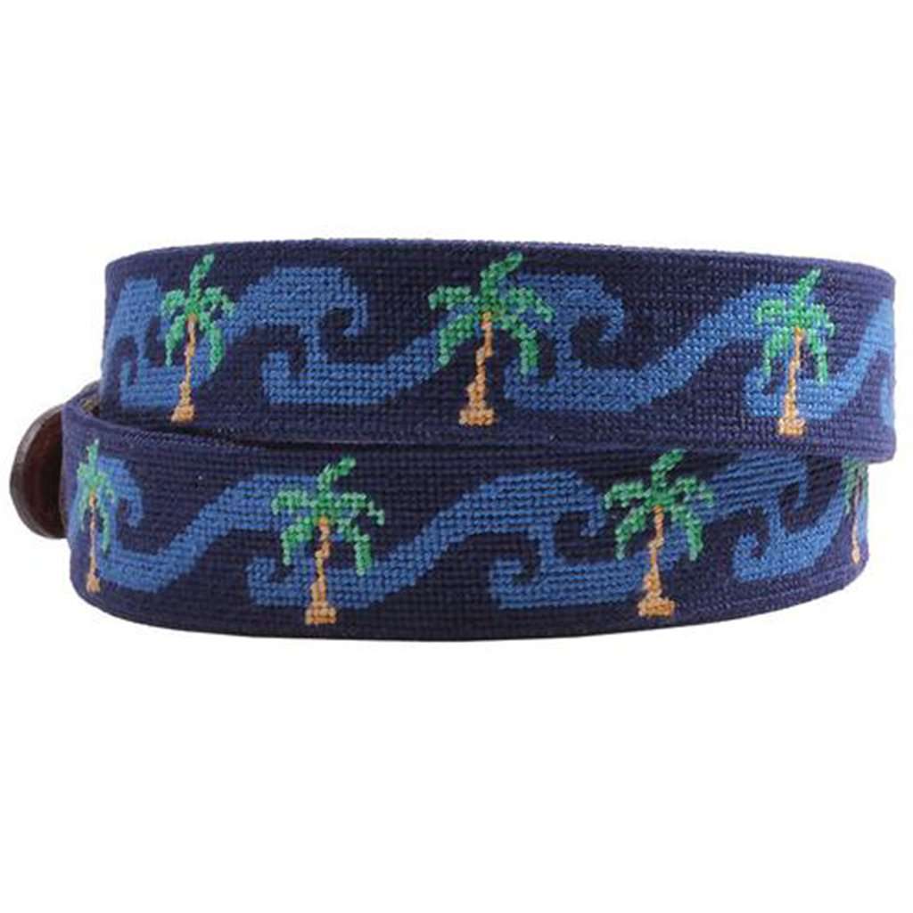 Waving Palms Needlepoint Belt in Dark Navy by Smathers & Branson - Country Club Prep