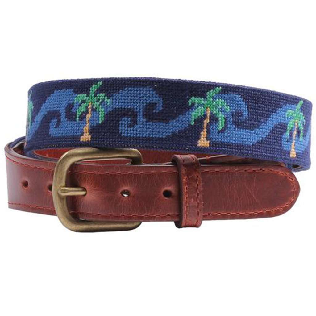 Waving Palms Needlepoint Belt in Dark Navy by Smathers & Branson - Country Club Prep