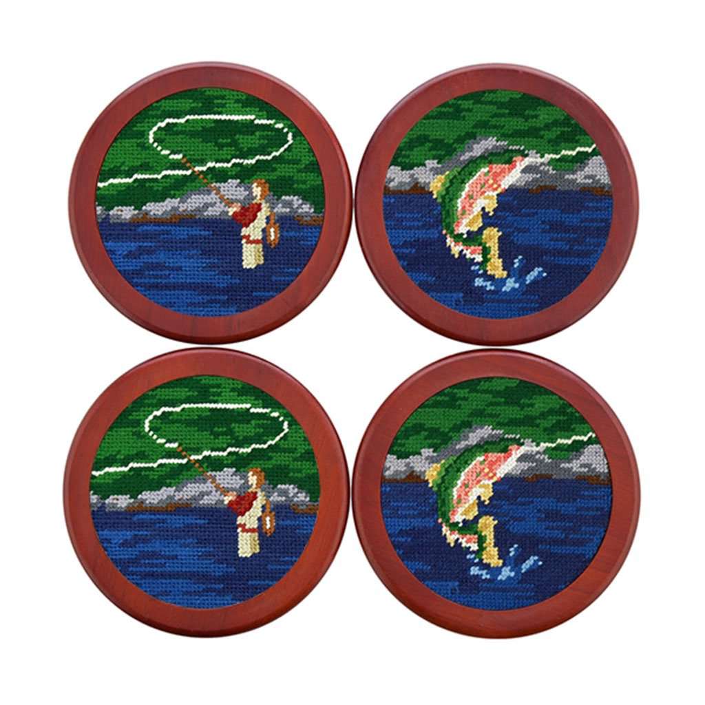 Fly Fishing Scene Needlepoint Coasters by Smathers & Branson - Country Club Prep