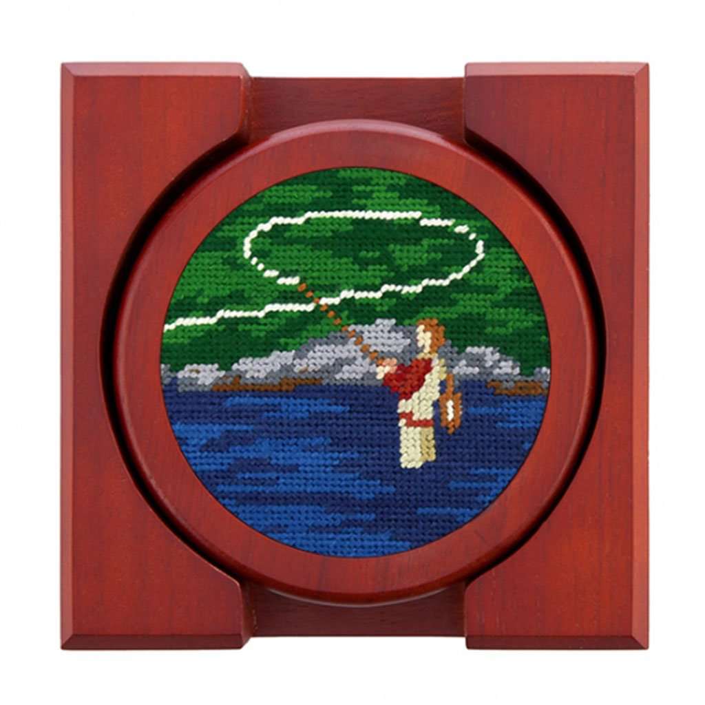 Fly Fishing Scene Needlepoint Coasters by Smathers & Branson - Country Club Prep