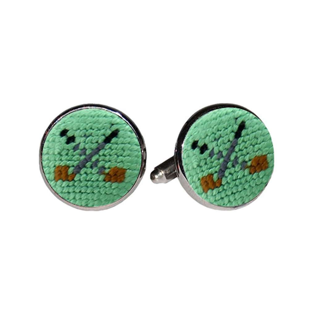 Golf Clubs Needlepoint Cufflinks in Mint by Smathers & Branson - Country Club Prep