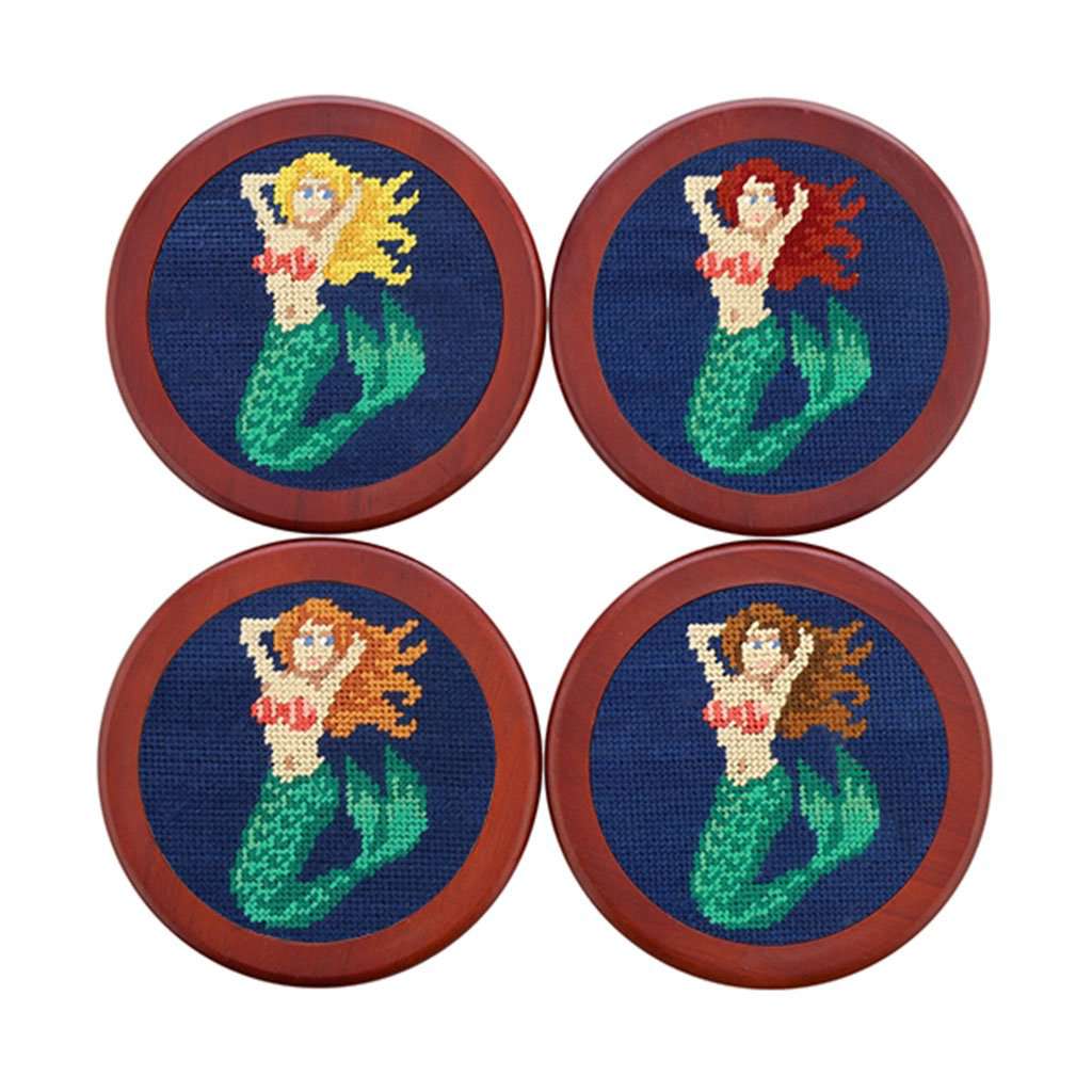 Mermaid Needlepoint Coasters in Classic Navy by Smathers & Branson - Country Club Prep