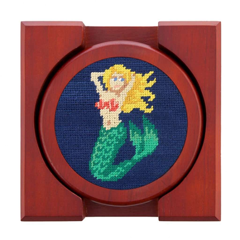 Mermaid Needlepoint Coasters in Classic Navy by Smathers & Branson - Country Club Prep