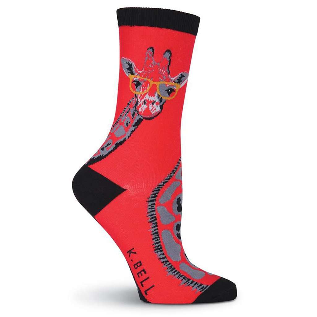 Women's Giraffe with Glasses Crew Socks by K. Bell Socks - Country Club Prep