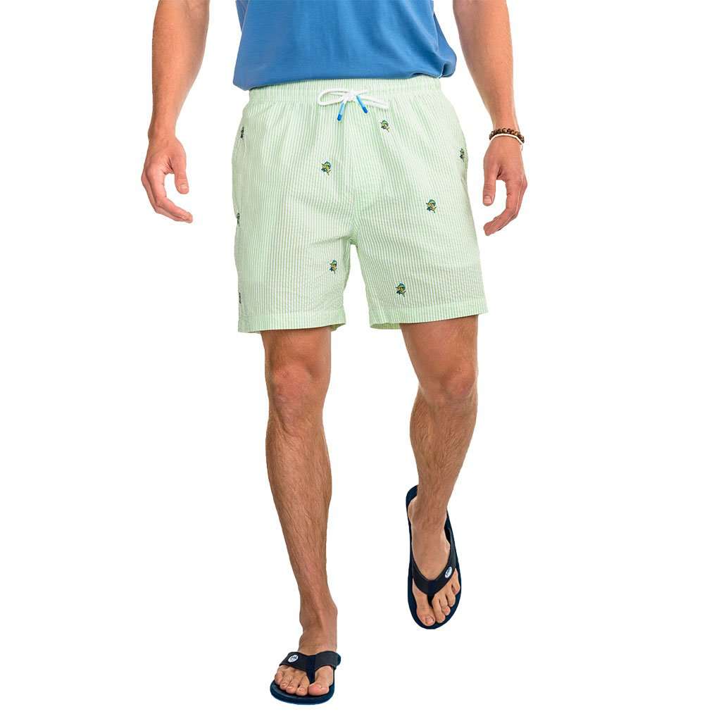 Mahi Mahi Embroidered Seersucker Swim Trunk in Summer Green by Southern Tide - Country Club Prep