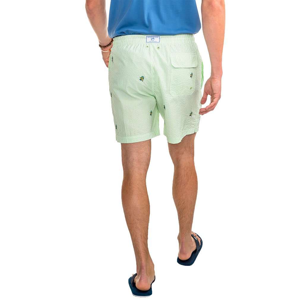 Mahi Mahi Embroidered Seersucker Swim Trunk in Summer Green by Southern Tide - Country Club Prep