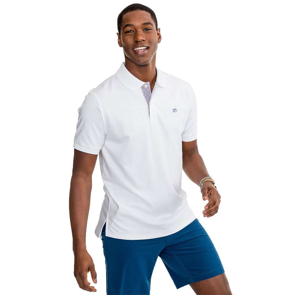 Sugar Mill Gingham Placket Polo in Classic White by Southern Tide - Country Club Prep