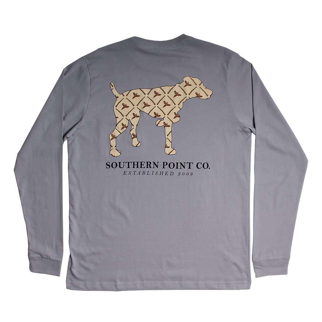 Shotgun and Pheasants Dog Long Sleeve Tee in Grey by Southern Point - Country Club Prep