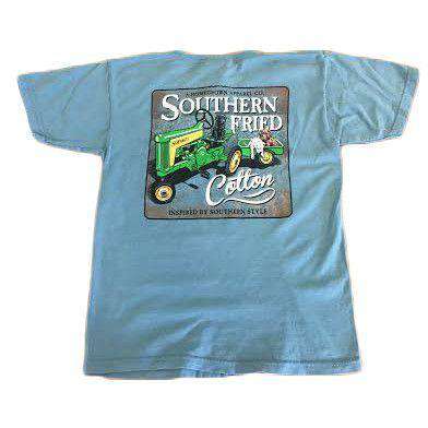 Youth Green Tractor Pocket Tee in Ice Blue by Southern Fried Cotton - Country Club Prep