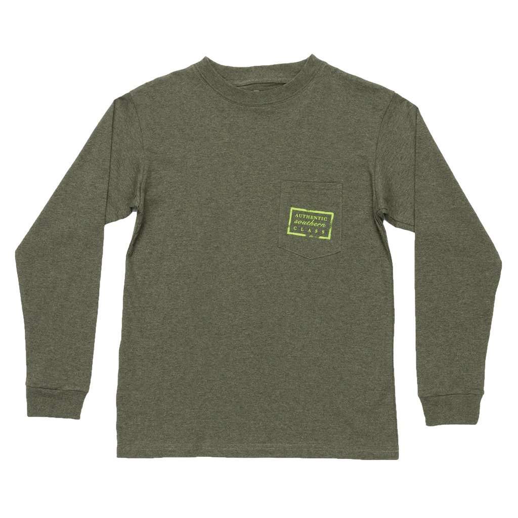 Youth Heathered Authentic Long Sleeve Tee in Washed Dark Green by Southern Marsh - Country Club Prep