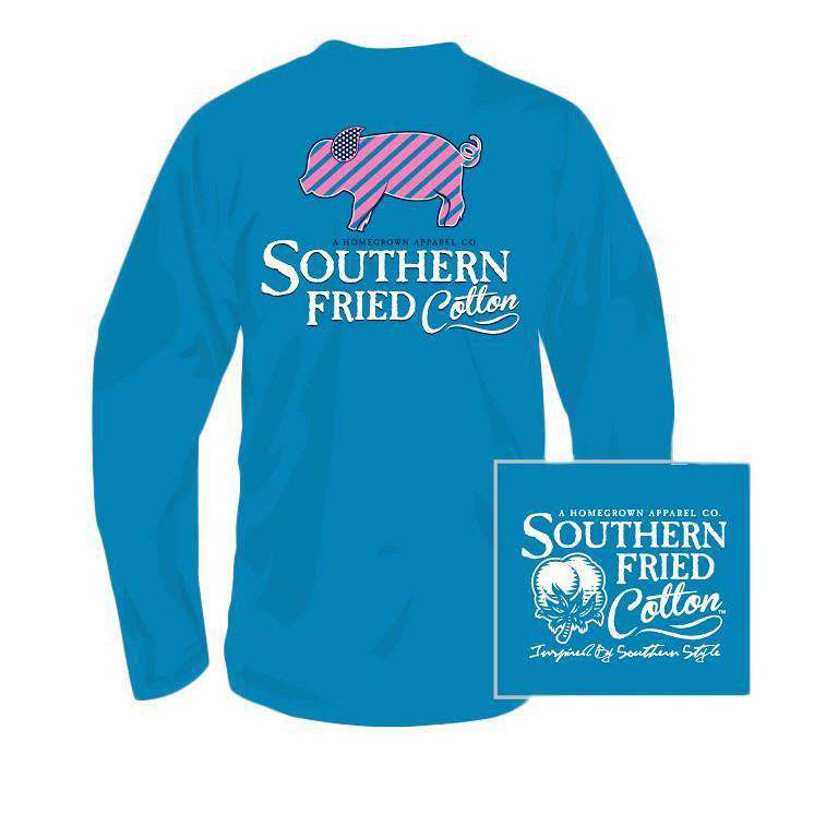Youth Lil Striped Pig Long Sleeve Tee Shirt in Sapphire by Southern Fried Cotton - Country Club Prep