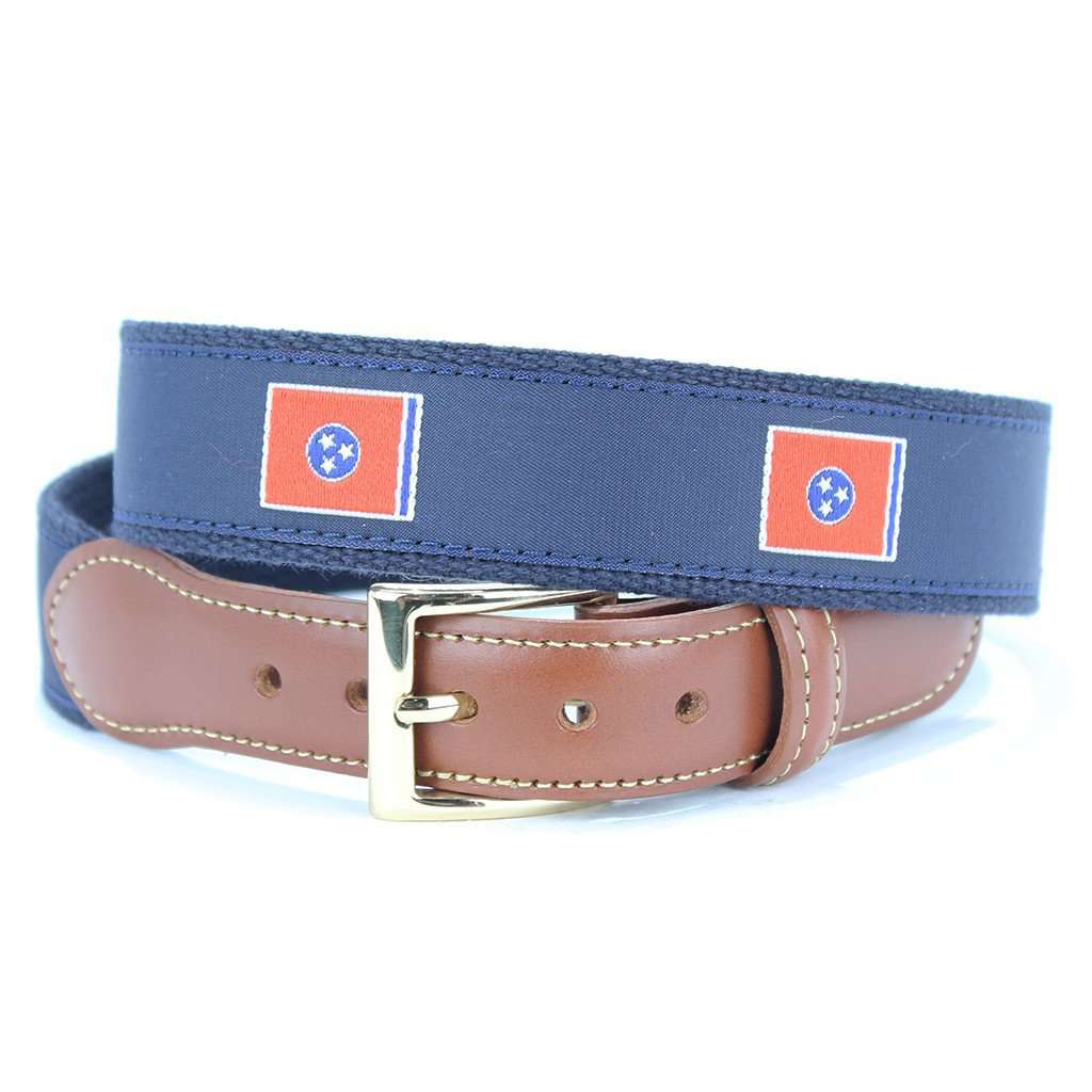 Tennessee Flag Leather Tab Belt in Navy by Country Club Prep - Country Club Prep