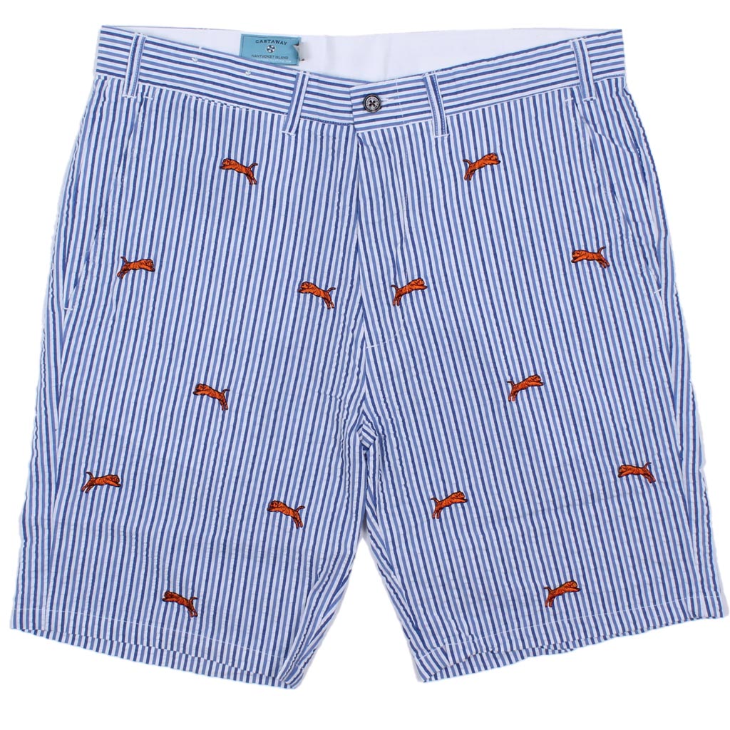Cisco Short in Royal & Navy Seersucker with Embroidered Tigers by Castaway Clothing - Country Club Prep
