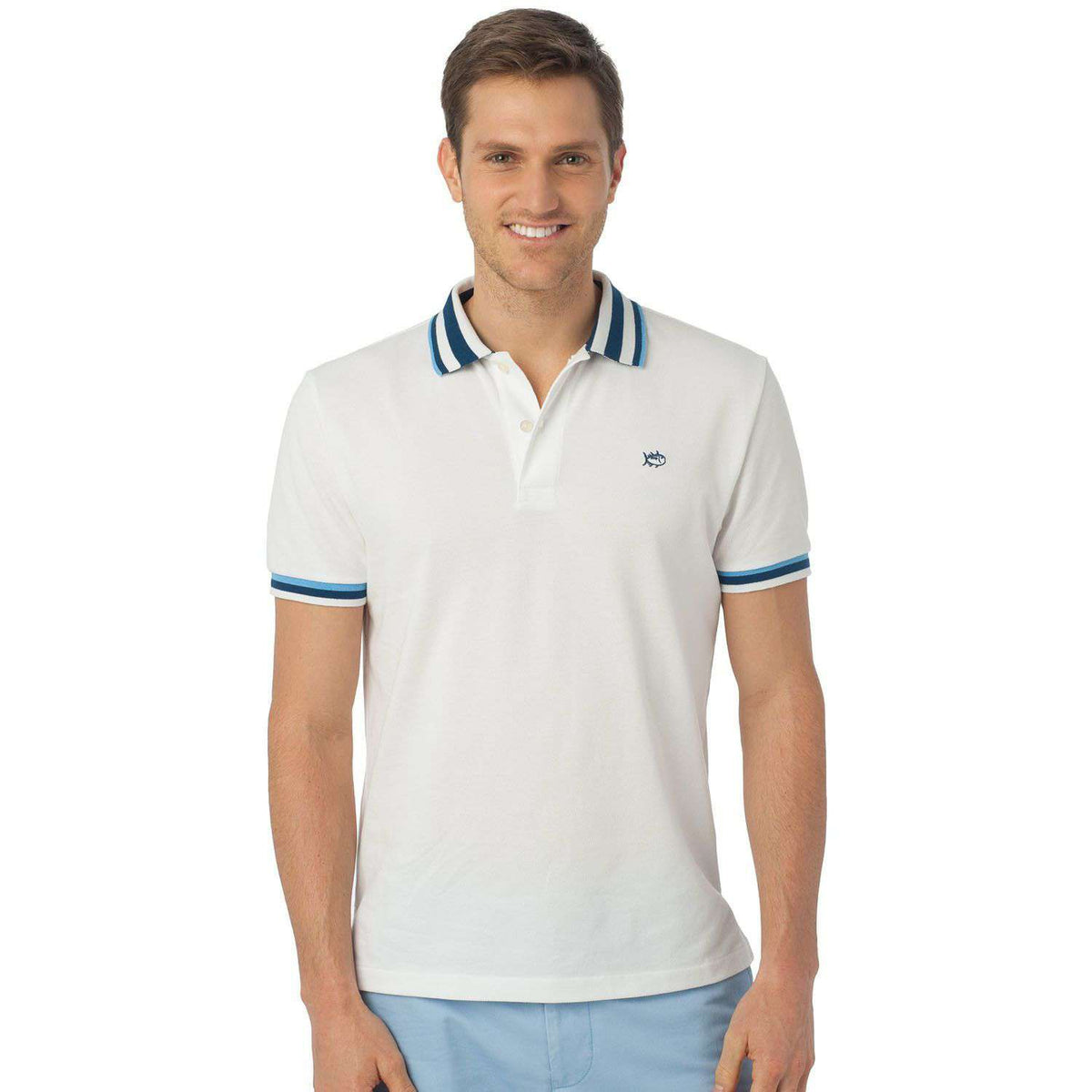 Bay Blue Tipped Polo in Classic White by Southern Tide - Country Club Prep