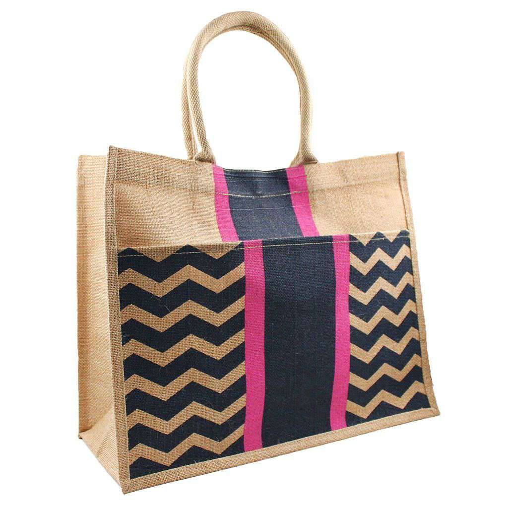 Chevron Stripe Jute Tote in Navy and Pink by The Royal Standard - Country Club Prep