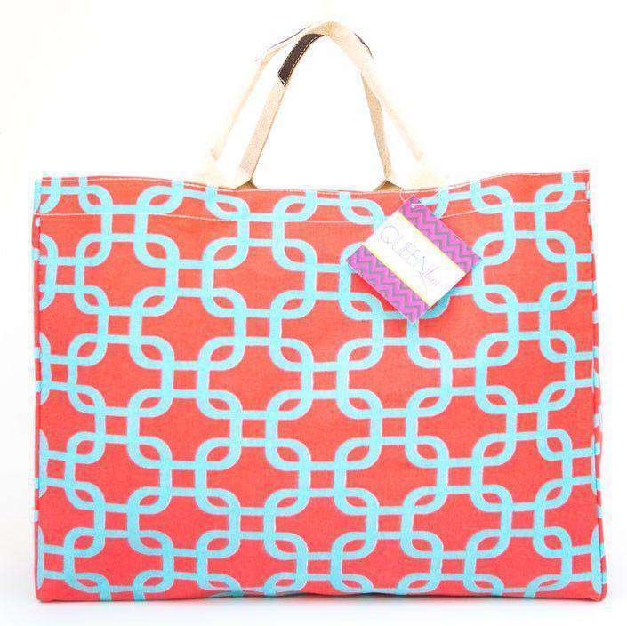 Coral and Aqua Link Open Tote by Queen Lane - Country Club Prep