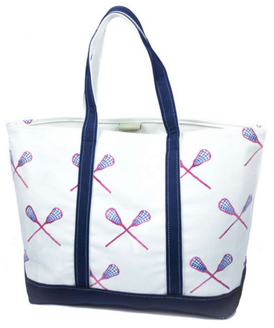 Large Tote Bag in White and Navy with Navy and Pink Lacrosse Sticks by