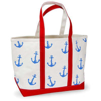 Large Tote Bag in White With Blue Anchors by Crabberrie - Country Club Prep