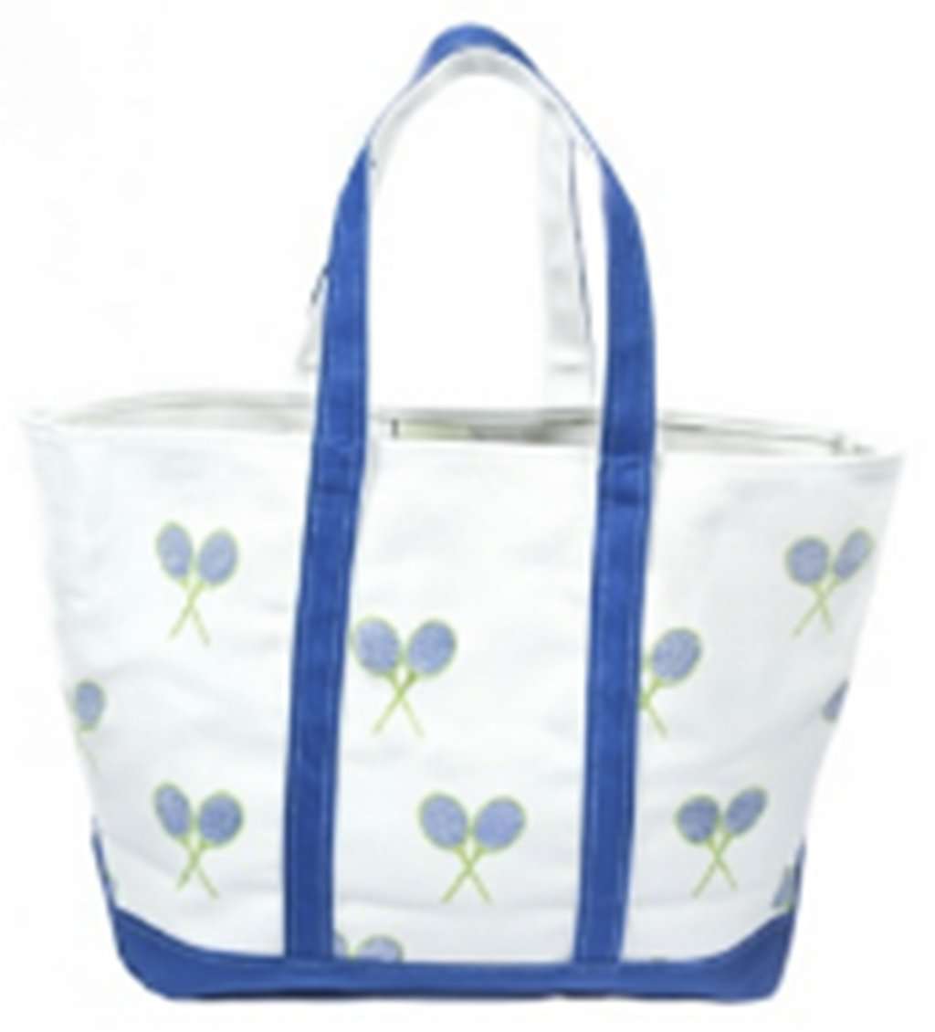 Large Tote Bag in White with Blue and Green Tennis Rackets by Crabberrie - Country Club Prep
